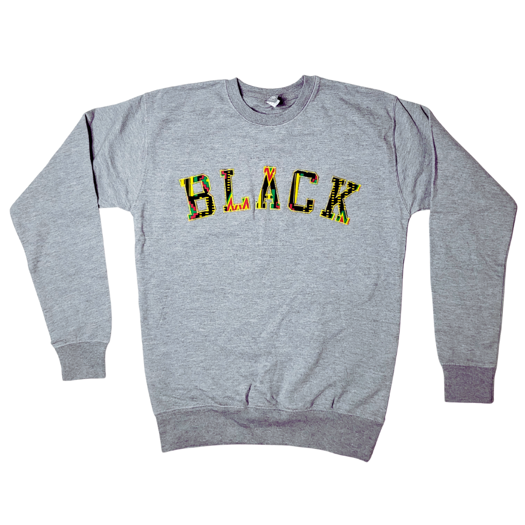 Samples: Adult Crewneck Sweatshirt, Multiple Kente Print: Large Print - BLACK