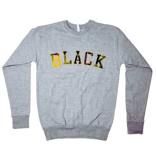 Samples: Adult Crewneck Sweatshirt, Multiple Kente Print: Large Print - BLACK