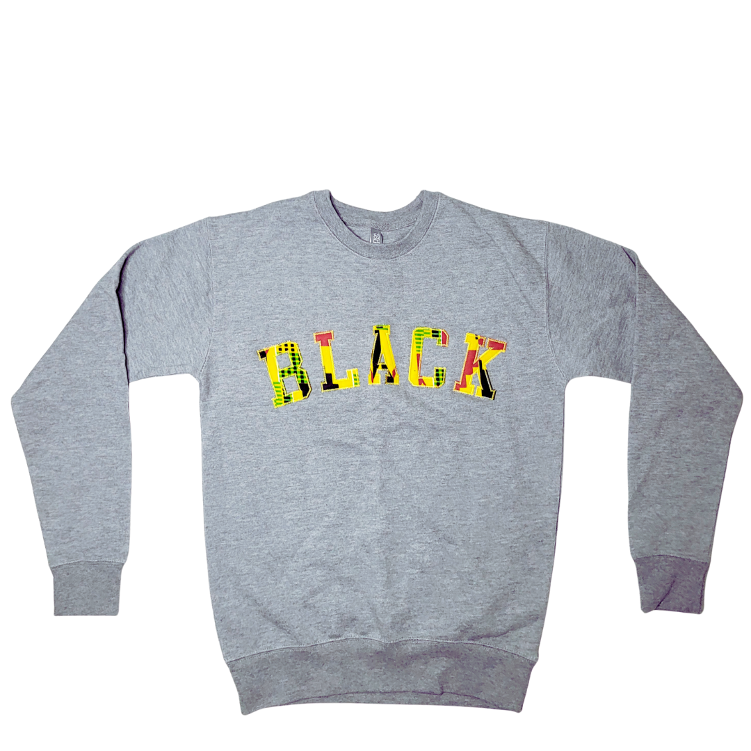 Samples: Adult Crewneck Sweatshirt, Multiple Kente Print: Large Print - BLACK