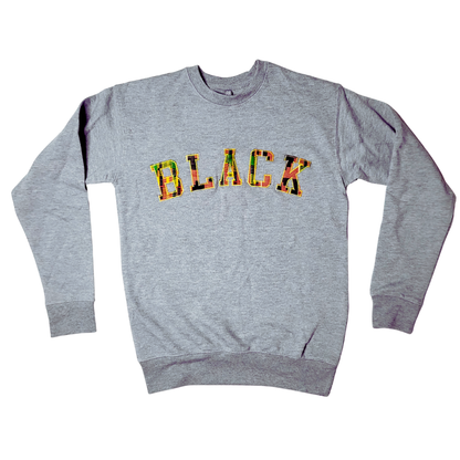 Samples: Adult Crewneck Sweatshirt, Multiple Kente Print: Large Print - BLACK